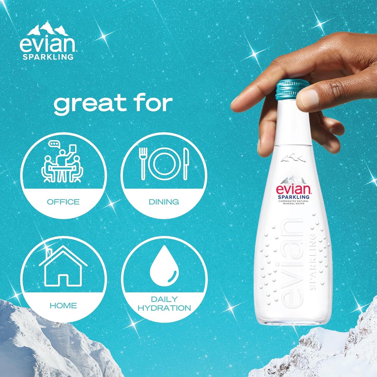 Evian Sparkling Carbonated Natural Mineral Water 20 x 330ml , Case of 20 Bottles, Naturally Filtered Drinking Water, Crafted by Nature. Package may vary
