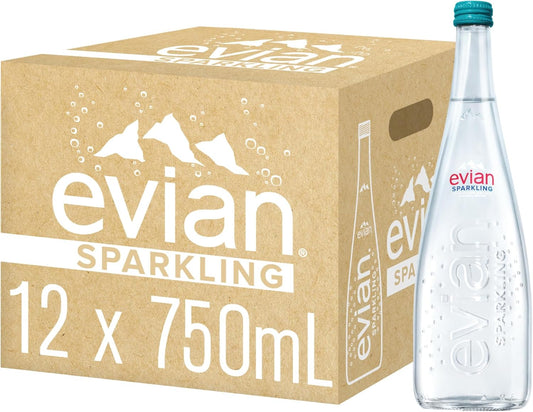 Evian Sparkling Carbonated Natural Mineral Water 750ml Glass Bottle, Case of 12 Bottles, Naturally Filtered Drinking Water, Sparkling Water Crafted by Nature