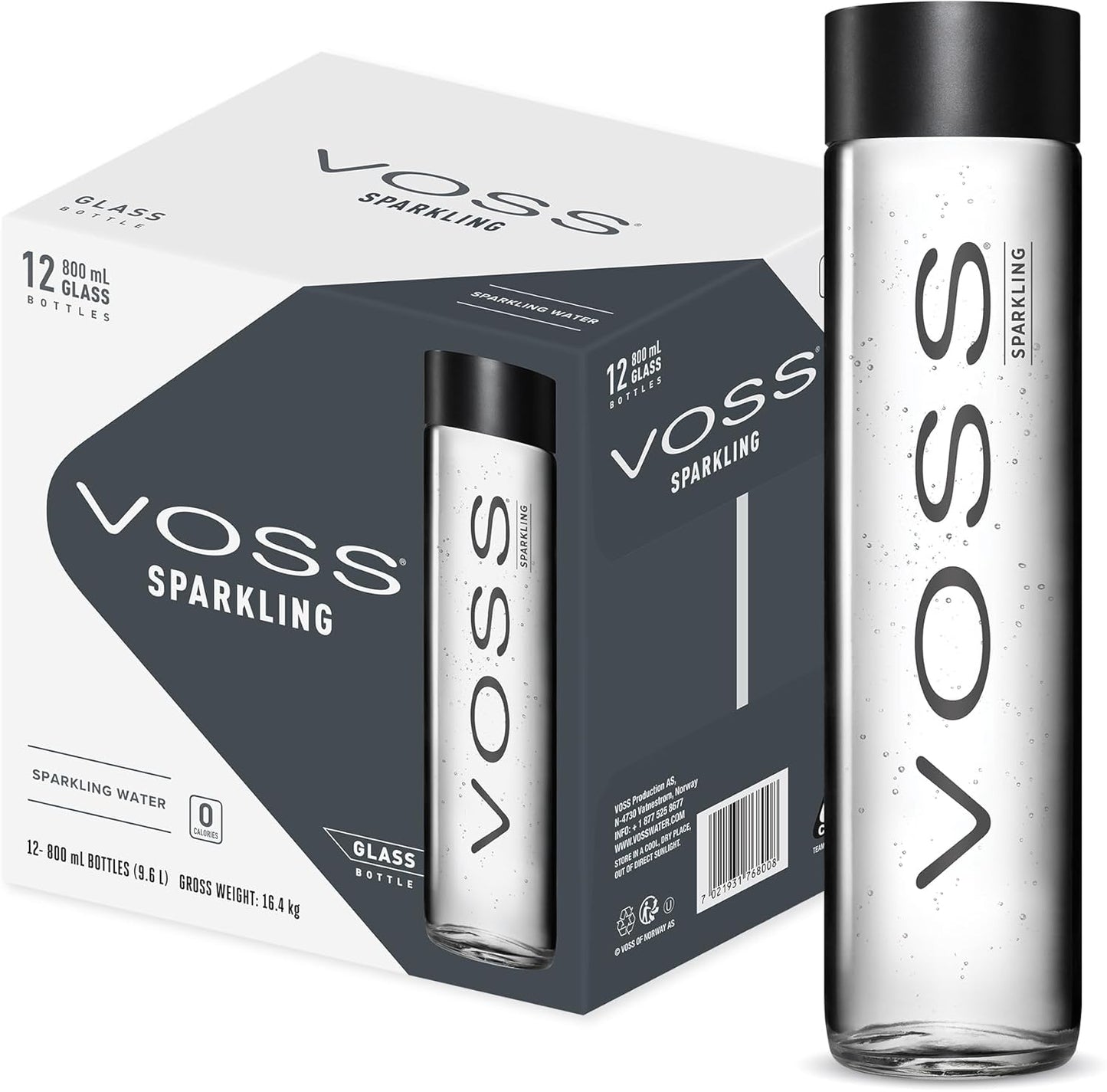 Voss Sparkling, Glass Bottle, 800 ml (Pack Of 12)