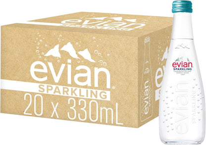 Evian Sparkling Carbonated Natural Mineral Water 20 x 330ml , Case of 20 Bottles, Naturally Filtered Drinking Water, Crafted by Nature. Package may vary