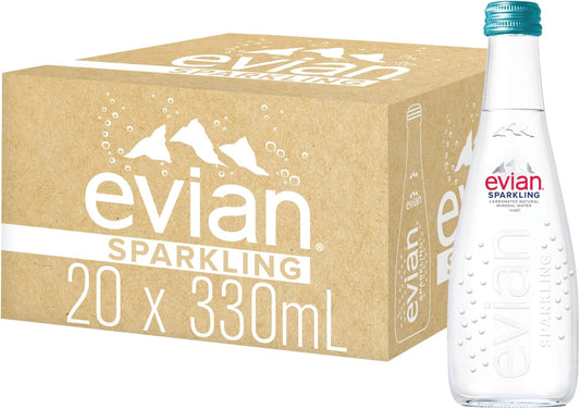 Evian Sparkling Carbonated Natural Mineral Water 20 x 330ml , Case of 20 Bottles, Naturally Filtered Drinking Water, Crafted by Nature. Package may vary
