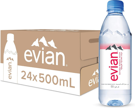 Evian Mineral Water, Naturally Filtered Drinking Water, 500ml Bottled Water Crafted by Nature, Case of 24 x 500 ML Evian Water Bottles