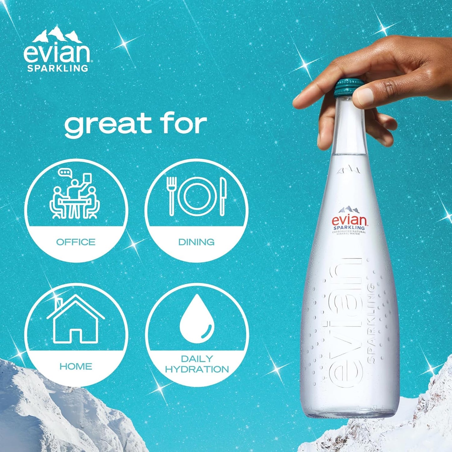 Evian Sparkling Carbonated Natural Mineral Water 750ml Glass Bottle, Case of 12 Bottles, Naturally Filtered Drinking Water, Sparkling Water Crafted by Nature