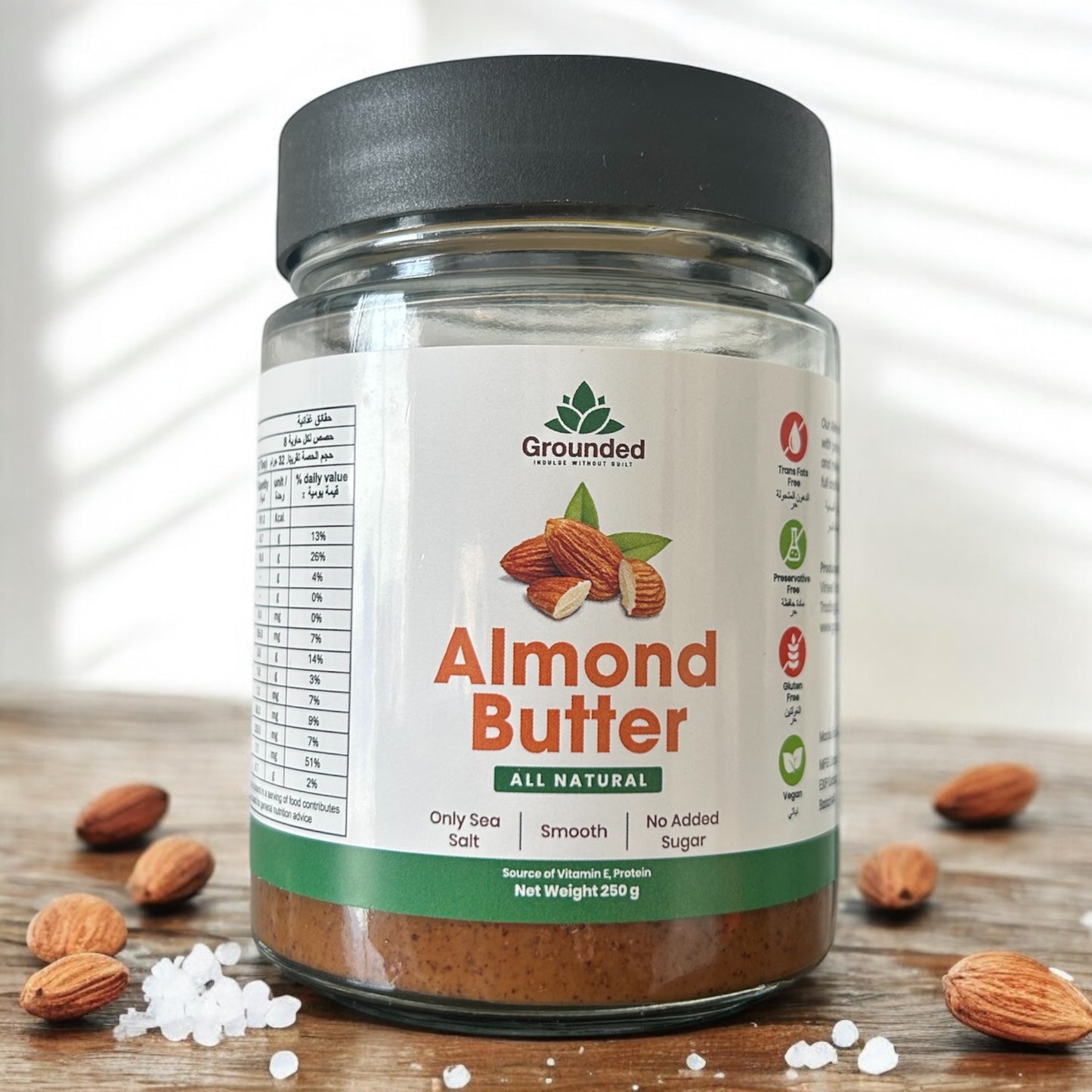 Grounded All Natural Almond Butter, Smooth, 250g, No Added Sugar