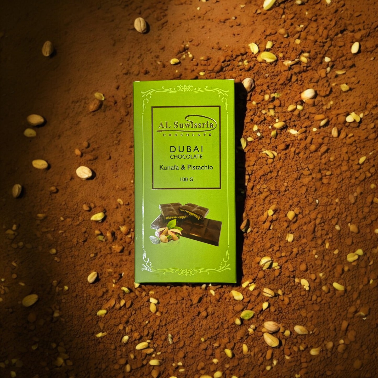 Al Suwissria's Premium Dubai Chocolate Bar, Kunafa & Pistachio Flavour, 100g, Made with belgian Chocolate